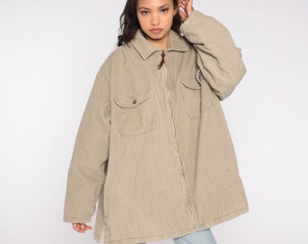 Tan Corduroy Jacket Y2K Zip Up Windbreaker Fleece Lined Jacket Retro Hipster 00s Vintage Normcore Plain Hiking Jacket Mens Extra Large xl