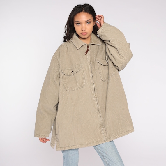 Tan Corduroy Jacket Y2K Zip Up Windbreaker Fleece Lined Jacket Retro Hipster 00s Vintage Normcore Plain Hiking Jacket Mens Extra Large xl