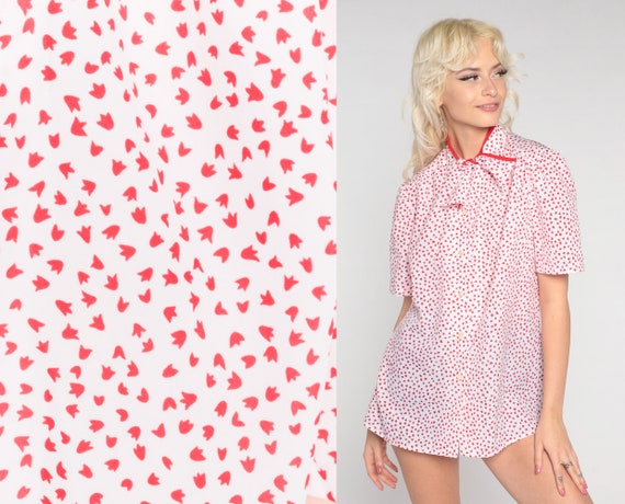 80s Ascot Shirt Red White Leaf Print Secretary Blouse Short Sleeve Top 1980s Bow Neck Ascot Top Button Up Vintage Ditsy Print Medium Large