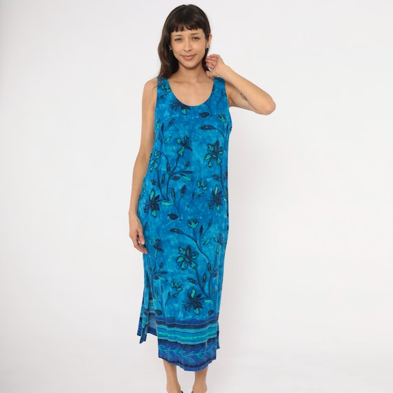 Blue Floral Sundress 90s Batik Sleeveless Tank Tropical Vine Leaf Teal Navy Botanical Garden Summer Beach Vacation Maxi Vintage Medium M
