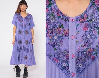 Indian Embroidered Dress 90s Purple Floral Maxi Dress Flower Print Embroidery Day Summer Grunge Hippie Short Sleeve Vintage 1990s Medium M