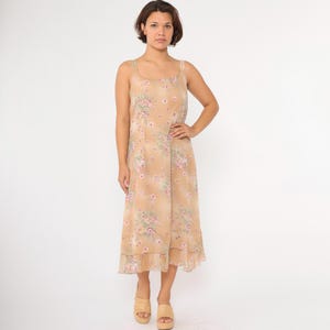 Vintage Chiffon Floral Dress 90s Tan Tiered Midi Sundress Y2K Green Pink Party Boho 1990s Bohemian Hippie Sleeveless Retro Large 14