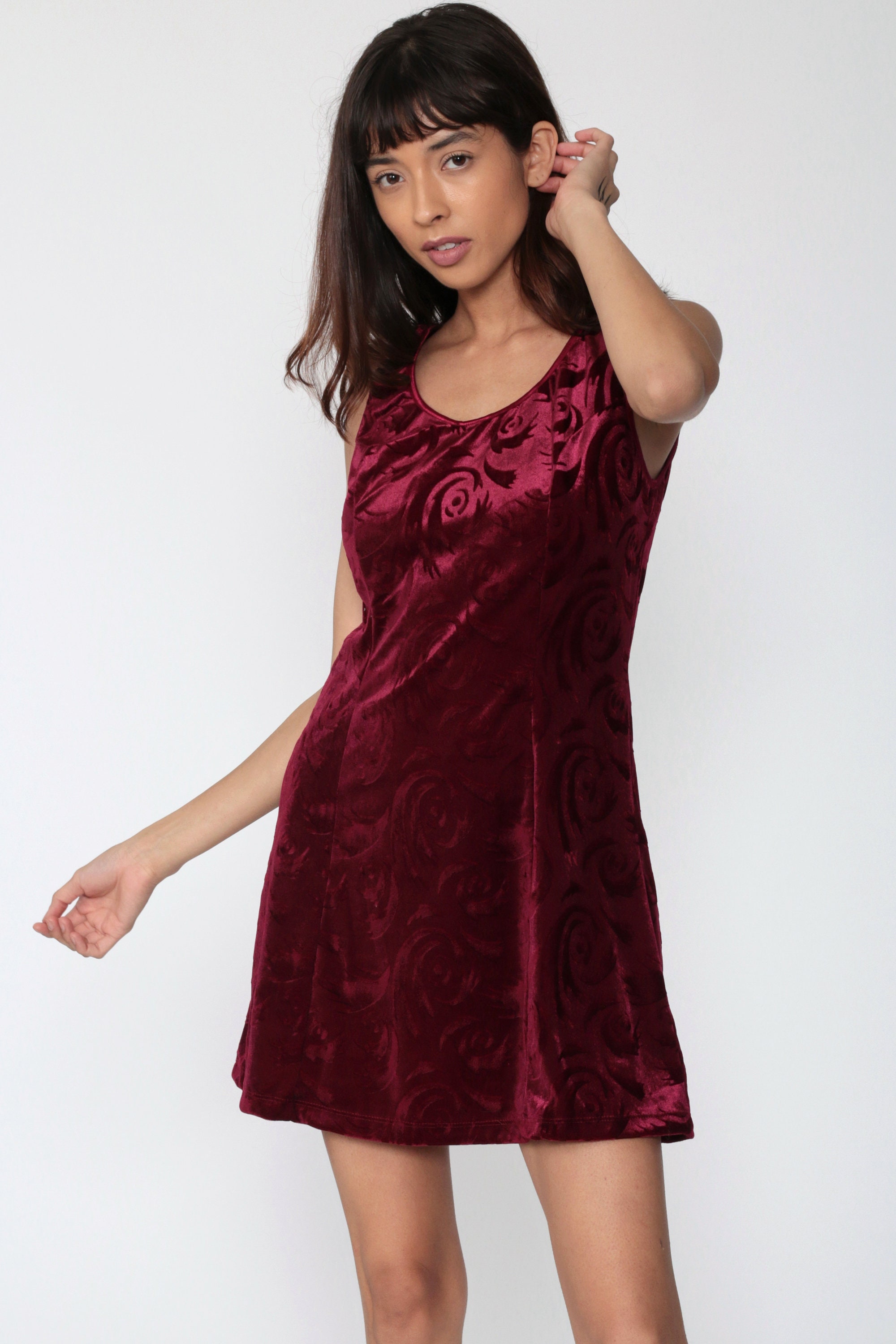 Velvet Mini Dress 90s Burgundy Dress Floral Party Sheath Cocktail 1990s
