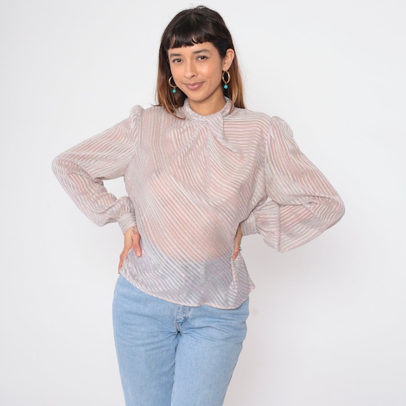 Sheer Striped Blouse 80s Mock Neck Top Party Vintage 1980s Long Puff Sleeve Shirt Button Back Grey Pink White Secretary Shirt Retro Medium M