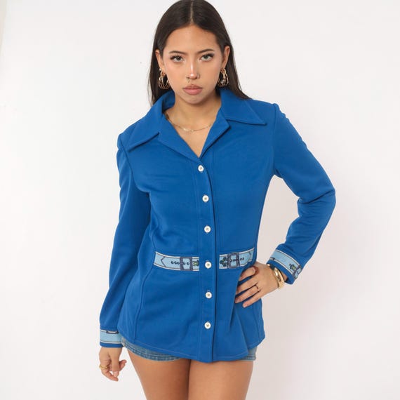 70s Cobalt Blue Blouse Trompe L'oeil Belt Buckle Novelty Print Button Front Long Sleeve Disco Mod Shirt Top Mel Warshaw Vintage Medium M