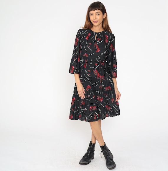 70s Floral Dress Black Drop Waist Midi Dress Boho High Waisted PLEATED Belted Dress 1970s Keyhole Vintage Long Sleeve Bohemian Medium