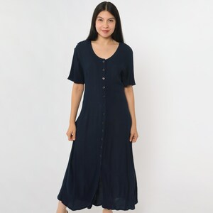Vintage Navy Blue Day Dress 90s Button Up Crinkled Rayon Ankle Length Dress Retro Shirtdress Short Sleeve Summer 1990s Medium M