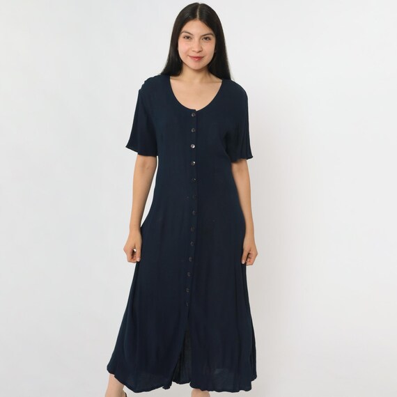 Vintage Navy Blue Day Dress 90s Button Up Crinkled Rayon Ankle Length Dress Retro Shirtdress Short Sleeve Summer 1990s Medium M