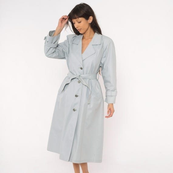 80s London Fog Trench Coat Blue Grey Belted Raincoat Single Breasted Button Front Long Jacket Powder Duster Storm Vintage Petite Medium M
