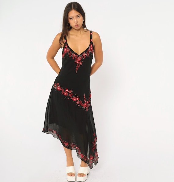 Y2K Black Beaded Floral Dress Red Sequin Slip Asymmetrical Handkerchief Hem Sleeveless Deep V Neck Evening Party R&M Richards Vintage Large