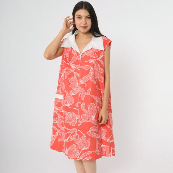 70s Floral Dress Coral Red White Mod Shift Beach Summer Resort Vacation Tropical Island Paradise Polyester Cotton Vintage Extra Large XL