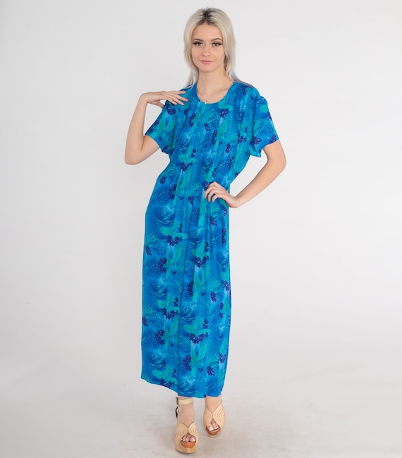 Tropical Floral Dress 90s Blue Pleated Short Sleeve Day Flower Print Retro Flowy Summer Grunge Ankle Length Maxi Vintage 1990s Large L XL