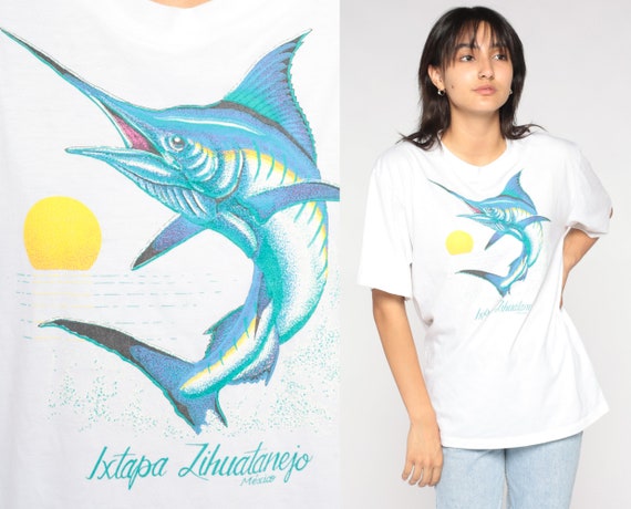 Swordfish T-Shirt 90s Mexico Shirt Ixtapa Zihuatanejo TShirt Fish Ocean Fishing Graphic Tee White Single Stitch Vintage 1990s Medium Large