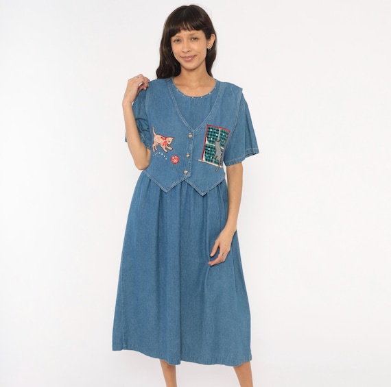 Cat Denim Dress 90s Patchwork Kitten Window Scene V Neck Short Sleeve Cotton Jean Gathered Waist Tie Back Teacher Style Blue Vintage Large L