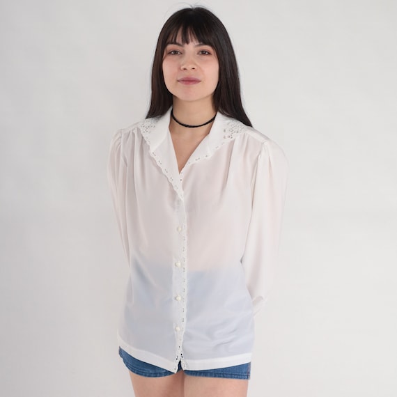 White Eyelet Blouse 70s 80s Semi-Sheer Button Up Puff Sleeve Top Victorian Lace Trim Feminine Bohemian Romantic Boho Vintage 1980s Large L