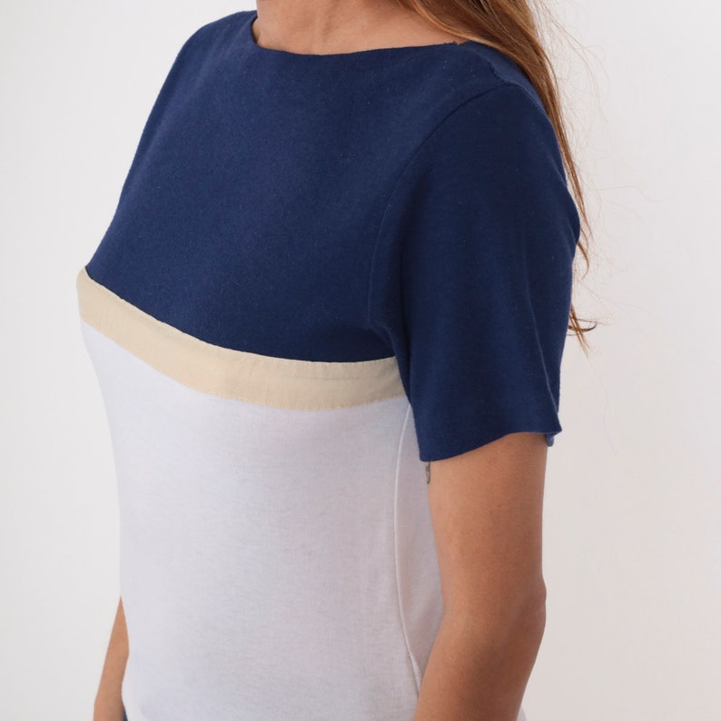 80s Striped T-Shirt Navy Blue White Color Block Tee Shirt Boatneck Top Retro Casual Blouse Short Sleeve Cream Vintage 1980s Small S image 6