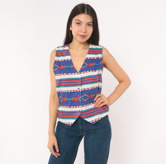 90s Southwestern Vest Cotton Button Front Sleeveless Aztec Purple White Tribal Geometric Striped Layering Violet Western Tillman Medium M