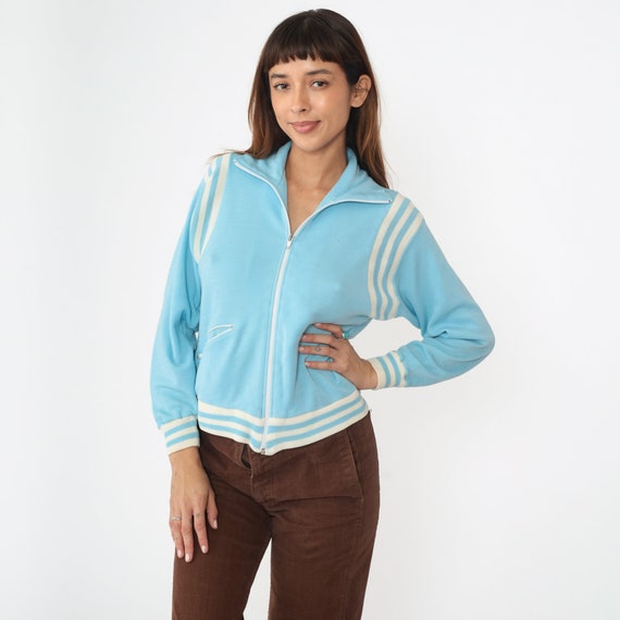 Baby Blue Track Jacket 80s Zip Up Sweatshirt Whit… - image 2