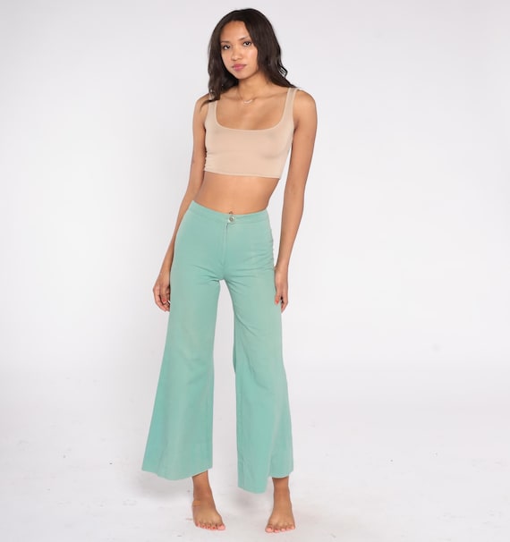 70s Bell Bottoms Wide Leg Pants Mint Green High Waist Trousers Vintage Flared Seafoam Summer Spring Minimalist Beach Wear Disco Small XS