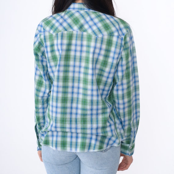 Wrangler Western Shirt Y2K Blue Green Plaid Pearl… - image 5