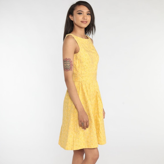 Yellow Mini Dress 60s Day Dress Abstract Squiggle Print Boho High Waist Summer Sleeveless Fit and Flare Vintage 1960s Cotton Extra Small xs