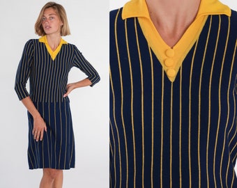 Striped Shift Dress 60s Mod Dress Navy Blue Yellow Wool Knee Length Midi Collared V Neck 3/4 Sleeve Retro Preppy Vintage 1960s Small XS S