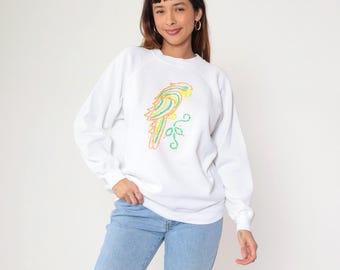 Sudadera con capucha de loro neón de los 90, sudadera vintage blanca con pájaro tropical, camisa con gráfico pintado, manga larga raglán, cuello redondo, década de 1990, extra grande xl