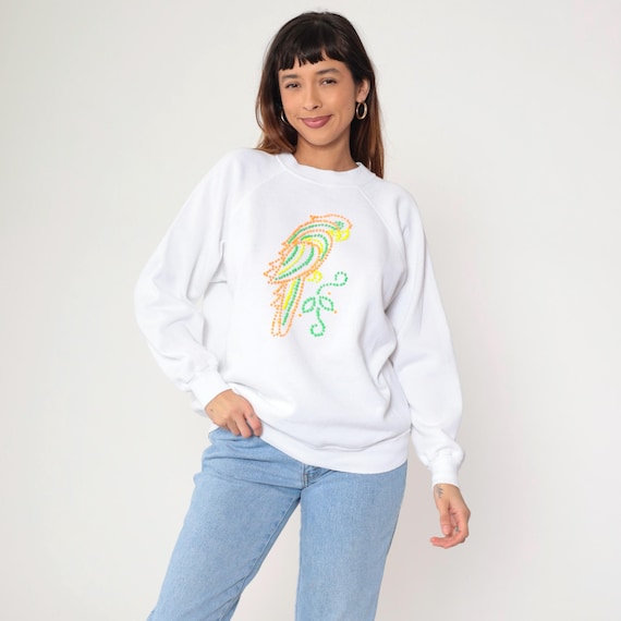 90s Neon Parrot Sweatshirt Vintage White Tropical Bird Sweatshirt Shirt Painted Graphic Long Raglan Sleeve Crewneck 1990s Extra Large xl