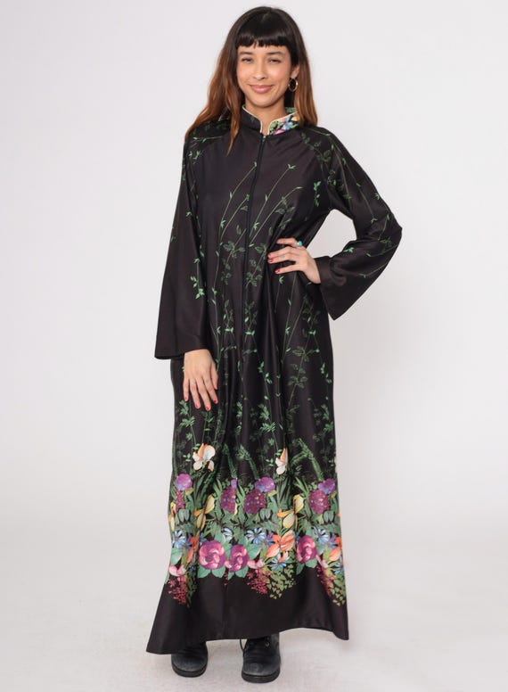 70s Maxi Dress Black Floral Zip Up Long Sleeve Botanical Print Vintage Boho Festival Romantic Flowing Hippie Prairie Medium M Large L