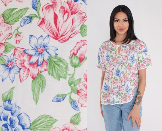 Floral Blouse 90s Keyhole Top Short Sleeve Shirt White Flower Print Retro Casual Summer Top Pink Green Blue Cotton Vintage 1990s Small S