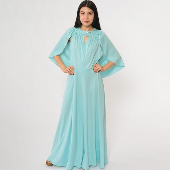 70s Maxi Dress Cape Sleeve Aqua Blue Rhinestone Keyhole Disco Goddess Party Cocktail Dancing Queen Groovy Sparkle Bling Large L