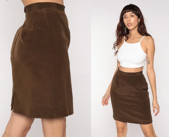 80s Pencil Skirt Brown Silk Skirt 1980s Vintage H… - image 1