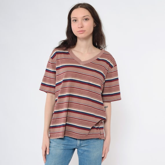 Vintage 80s Striped V Neck Tee 1980s Brown Red Blue Short Sleeve Pocket T Shirt Relaxed Fit Soft Knit Top  Large L