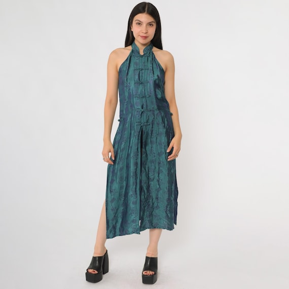 Y2K Satin Cheongsam Blue Teal Purple Floral Pattern Halter Dress Mandarin Collar Frog Closures Side Slits Grunge Cyber Night Party Medium M