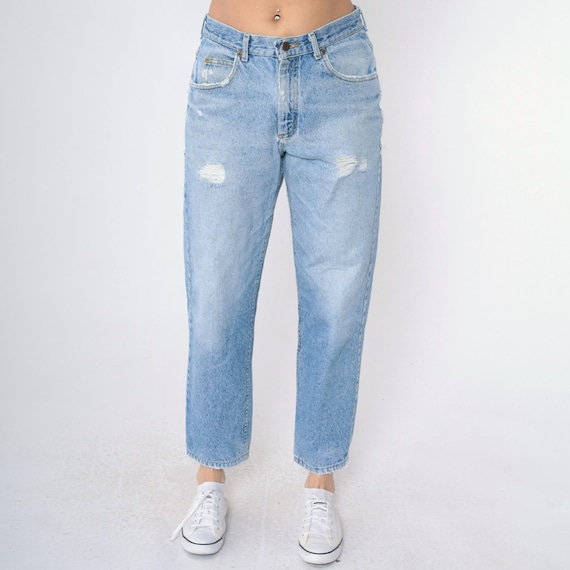Vintage 90s Mom Jeans M Ripped Lee Jeans Tapered Leg High Waisted Rise Light Wash Blue Denim Pants Retro Relaxed 1990s Medium 31