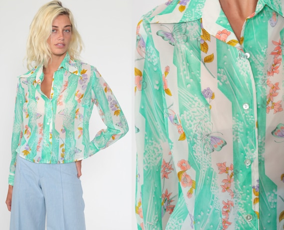 Sheer Butterfly Shirt Green Boho Blouse 70s Hippie Top Psychedelic Bohemian 1970s Top Long Sleeve Vintage Alex Coleman Floral Medium