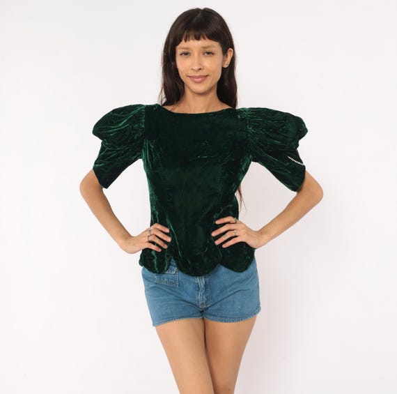 90s Emerald Velvet Puff Sleeve Blouse Forest Green Crushed Top Rhinestone Detail Bow Back Cutout Party Renaissance Medieval Revival Small S