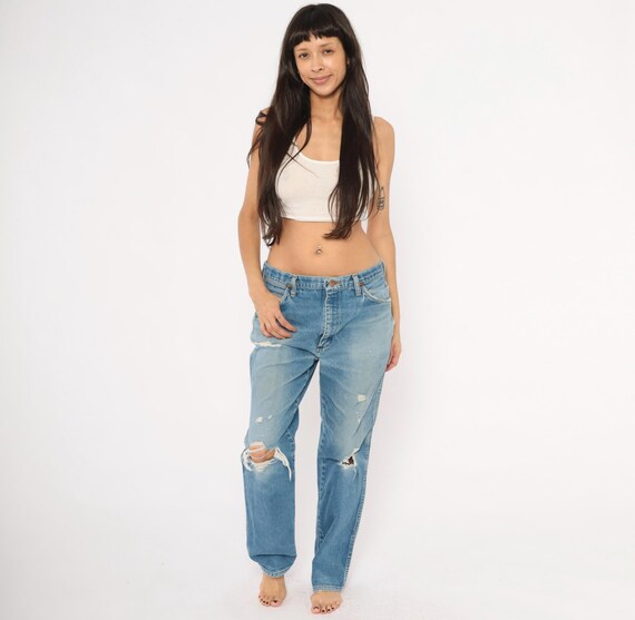 Distressed Wrangler Jeans 90s Denim Light Wash Blue Straight Leg Cotton Cowboy Western Worn Faded Grunge Pants Relaxed Fit Extra Large XL