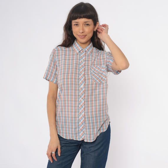 80s Plaid Shirt Button Front Short Sleeve Collared Chest Pocket Cotton Multicolor Blue Tan Checkered Preppy Casual Vintage Womens Medium M