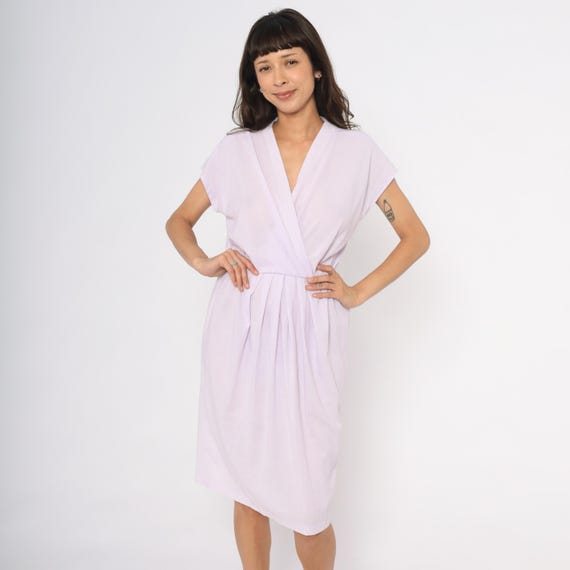 Lilac Wrap Style Dress 90s Cap Sleeve Lavender Elastic Waist Gathered Pleated Skirt Purple Violet Summer Feminine Pastel Vintage Medium M