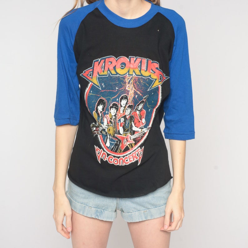 Vintage Krokus Shirt 80s Tour T Shirt Band Concert Shirt Heavy Metal Power Rock TShirt Raglan Baseball Tee Music Promo Vintage 1980s Large L image 8