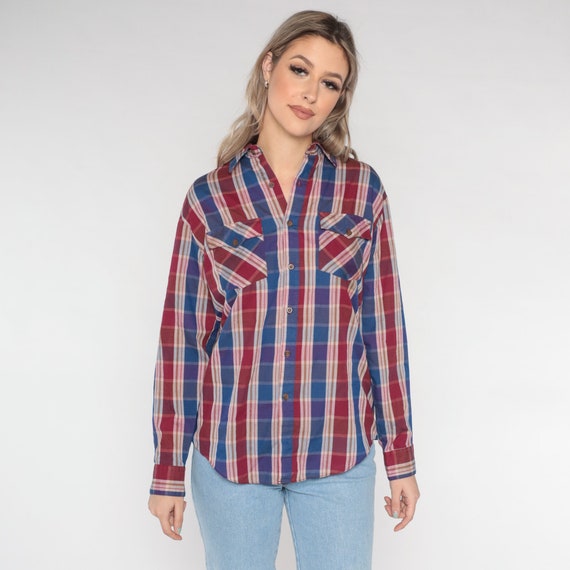 80s Plaid Shirt Burgundy Dark Blue Shirt Retro Button Up Shirt Cotton Basic Collared Long Sleeve Top Vintage 1980s Medium Large