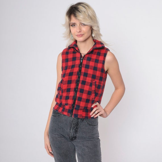 Buffalo Plaid Vest 90s Insulated Vest Red Plaid Flannel Vest Sleeveless Jacket Winter 1990s Zip Up Lumberjack Vintage Black Extra Small xs
