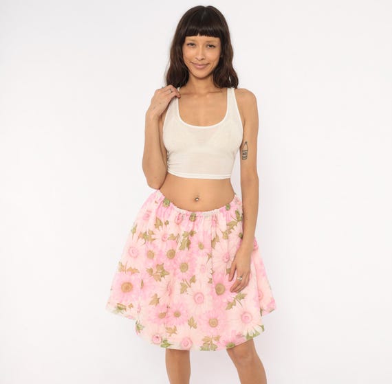 70s Pink Daisy Skirt Floral Print Gathered Waist Rose Blush Tan Green Flower Power Cottagecore Feminine Summer Vintage Medium Large M L