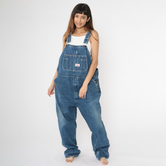 Vintage Round House Overalls Y2K Utility Hammer Loop Blue Denim Bib Overall Pants Dungarees Workwear Jean Carpenter Retro 00s Men's 42 x 34