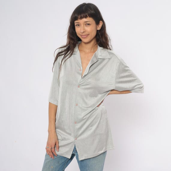 90s Silver Shirt Button Front Collared Tunic Slee… - image 4
