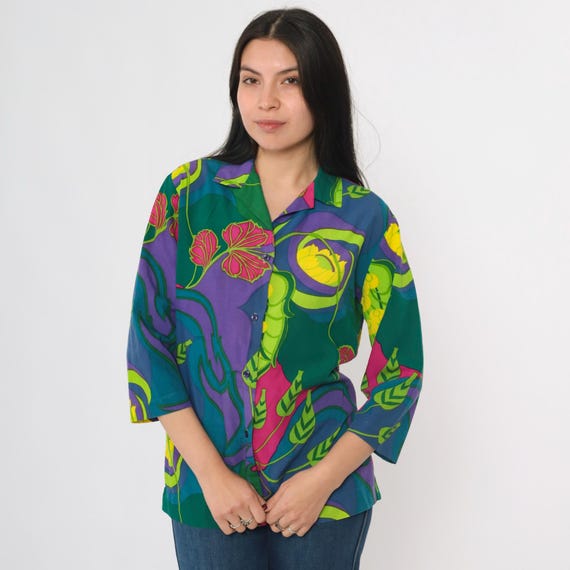 Vintage Tropical Floral Shirt 70s Retro Groovy Flower Print Button up Long 3/4 Sleeve California Purple Green 1970s Women's Medium M