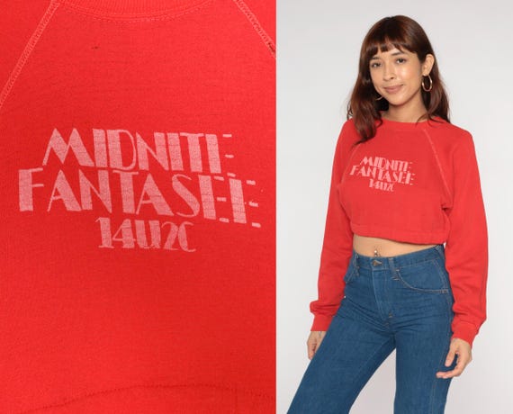 Vintage 80s Red Cropped Sweatshirt Midnite Fantasee 14U2C Graphic Slogan Pullover Raglan Long Sleeve Risque Adult Humor Novelty Small Medium