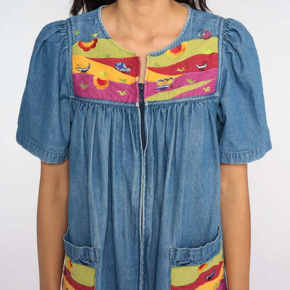 90s Denim Dress Floral Butterfly Dress Tent Mini … - image 5