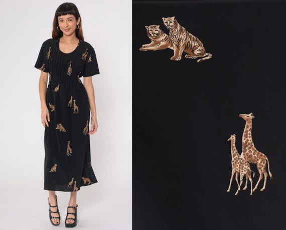 90s Animal Print Dress Giraffe Tiger Dress Black Safari Pintuck Pleated Midi 1990s Vintage Boho Short Sleeve Midi Scoop Neck Medium 8